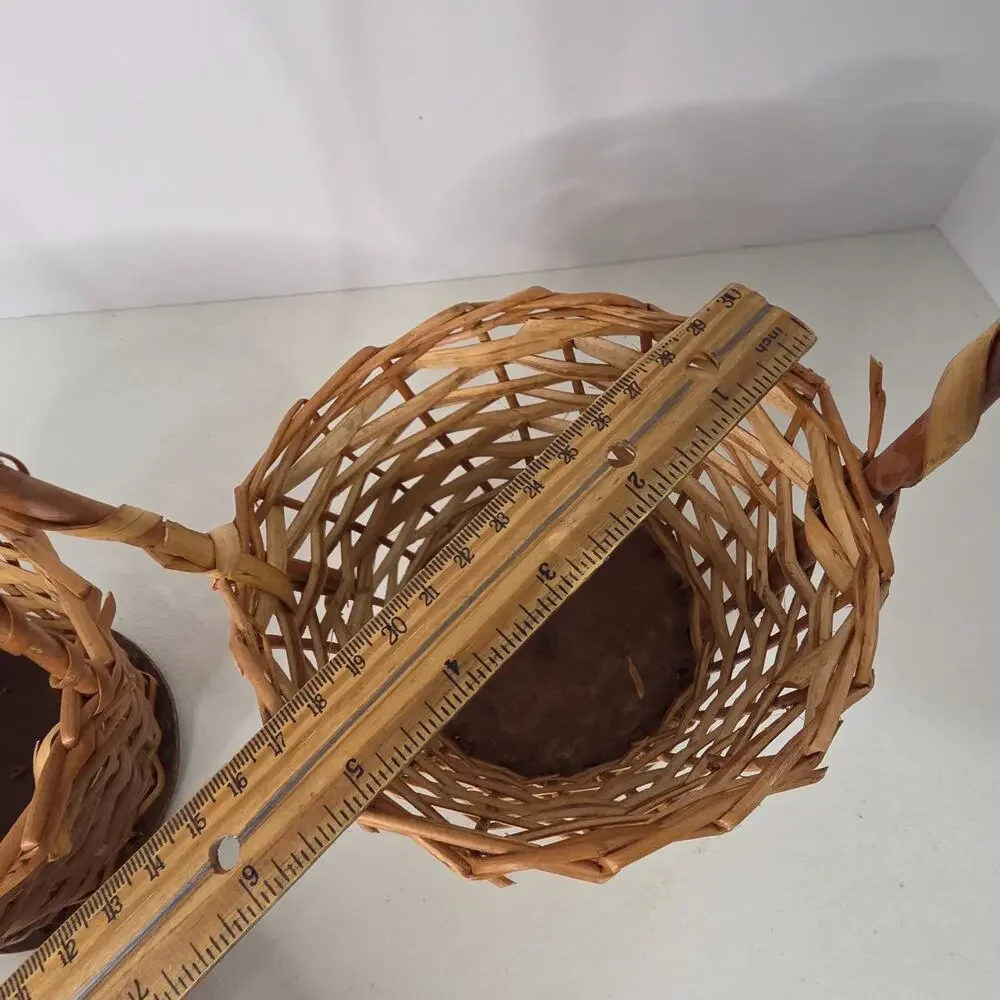 Pair of Vintage Rustic Wicker Baskets High Fixed Handles Country Decor